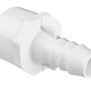 White plastic PVC pipe adapter with barbed hose fitting and square flange for mounting on a plumbing system