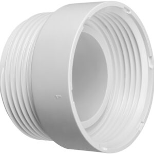 White plastic threaded pipe cap for PVC plumbing, shown from the side with internal bore visible in the center area and threading around the outside edge.