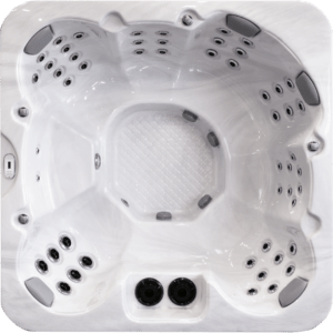 White square hot tub with multiple jets around seating, a textured footwell, and two black circular controls at the front.