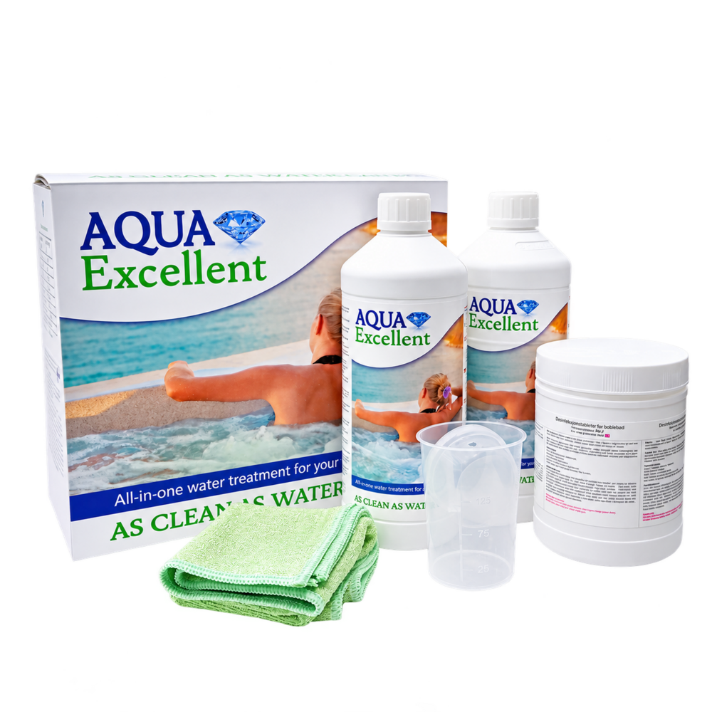 Aqua Excellent all-in-one water treatment kit with two bottles, a measuring cup, scoop, white jar, and a green towel in front of the box.