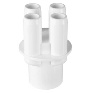 White plastic four-port pipe fitting (manifold) with a circular flange, likely an irrigation or tubing connector