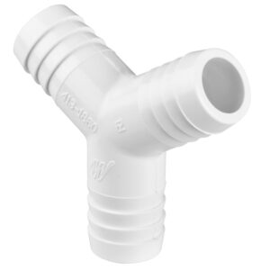 White plastic Y-shaped hose connector with ribbed barbed ends for secure connections